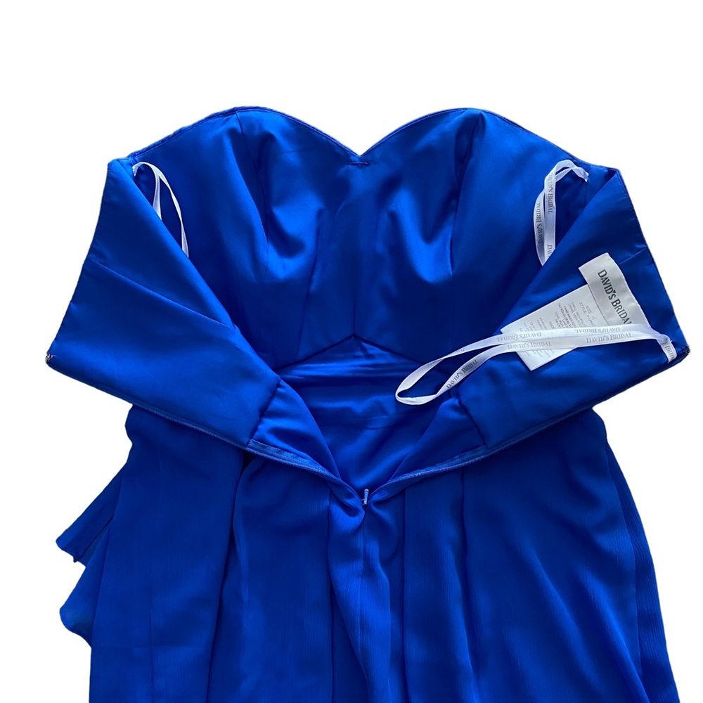 DAVID'S BRIDAL Royal Blue Short Crinkle Chiffon Dress with Front Cascade 10 - Picture 9 of 14